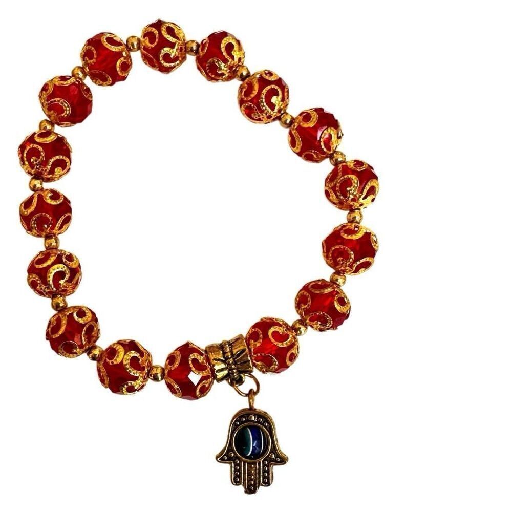 Red Crystal and gold tone beaded hamsa charm bracelet